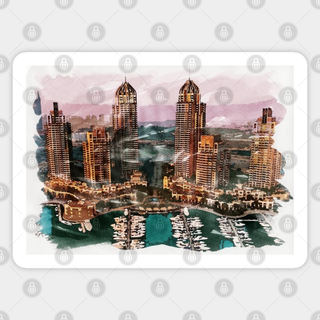 Dubai UAE Unique Watercolor Travel Souvenir Fine Art Painting Sticker by Naumovski